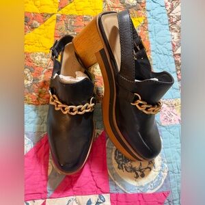 Anthropologie Bernardo Sochi Chain Slingback Platform Clogs Black Leather:Sz 8.5